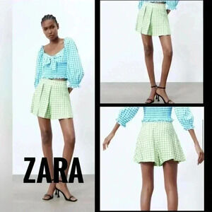 BNWOT Zara white green linen blend high rise  gingham shorts L